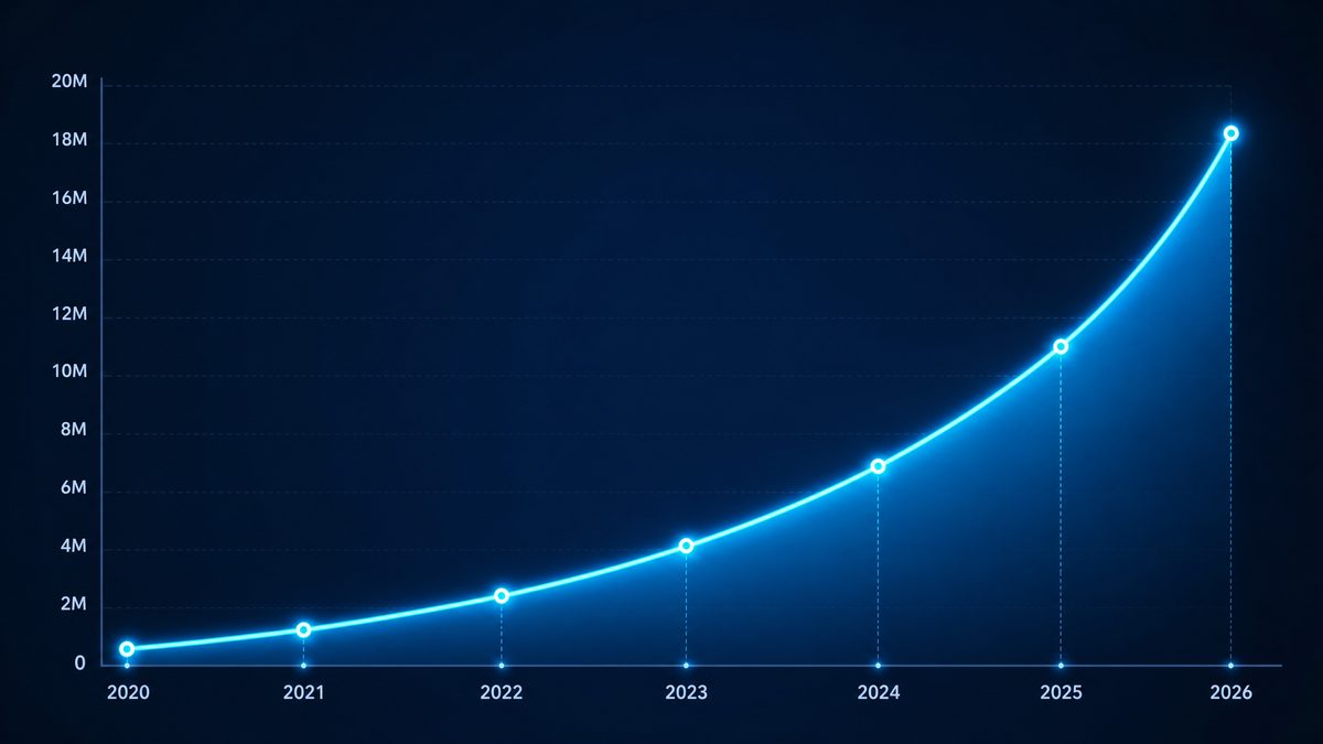 91传媒用户增长数据图表,展示2020-2026年注册用户从50万增长至1800万的趋势